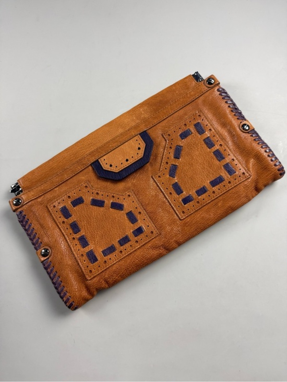 Diane von Furstenberg Leather Clutch Tan Brown Boho Western Patchwork Bag